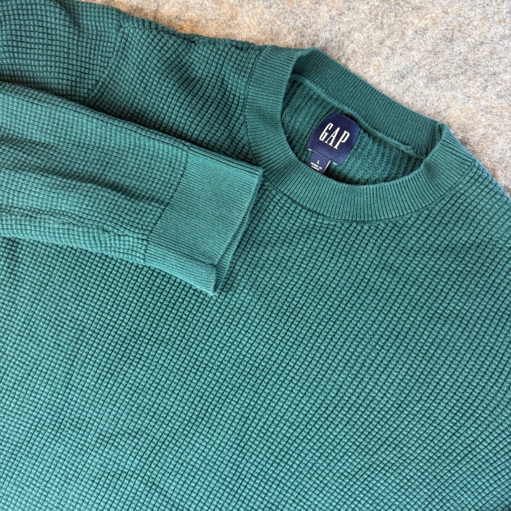 GAP Waffle Knit Sweater Women Large Green Crew Neck Long Sleeve Pullover COTTON